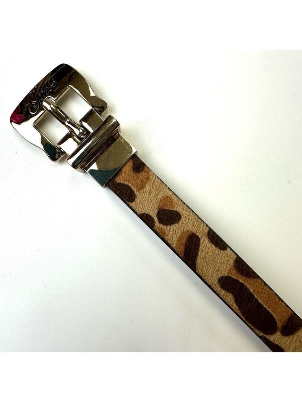 Guess thin womens belt Medium Reversible cheetah calf hair brown G print reverse